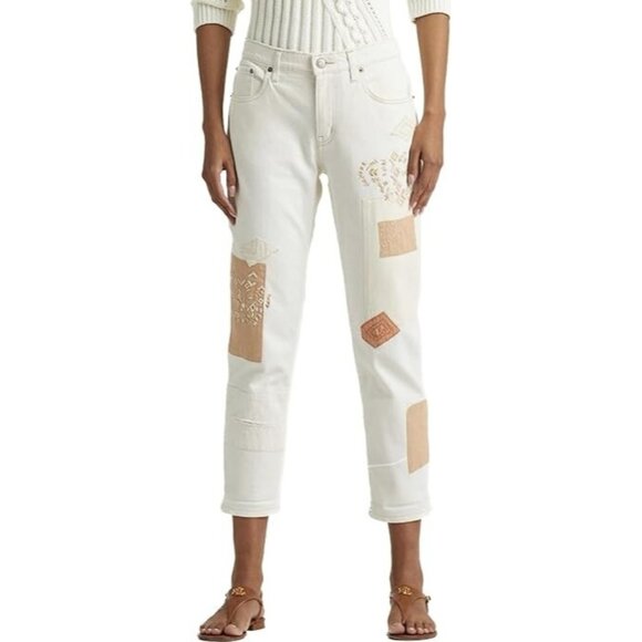 Lauren Ralph Lauren Patchwork Relaxed Tapered Jeans in Cream ( 20W ) - Picture 1 of 6